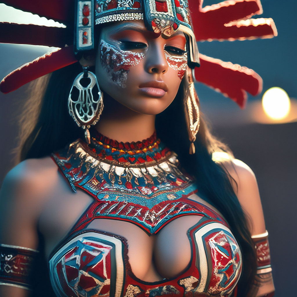Photo, ancient aztecs, aztec girl, beaded dress, long legs, moonlight,  close"  image created in Shedevrum