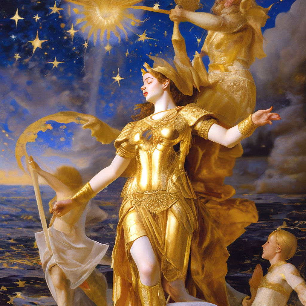 Europa aus der griechischen Mythologie mit goldenen Sternen darüber, sie steht triumphierend über der Hölle, Gemälde aus dem Zeitalter der Aufklärung, Ölgemälde.