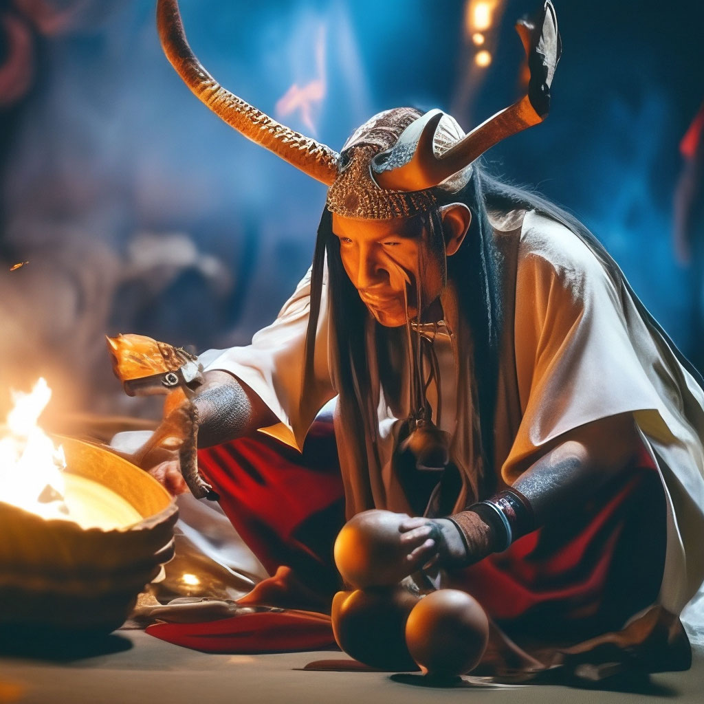 Злой шаман-колдун возле горящего …» — создано в Шедевруме