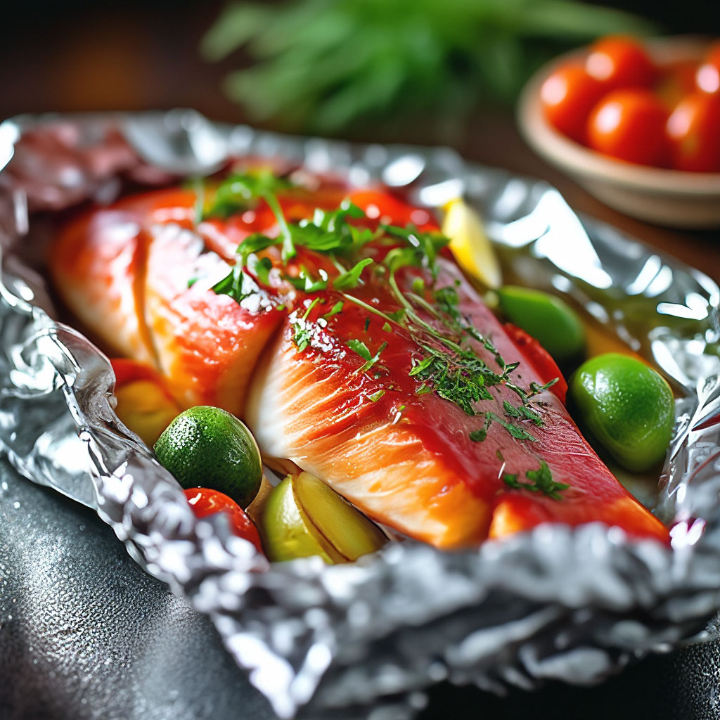 Красная рыба запеченная с овощами