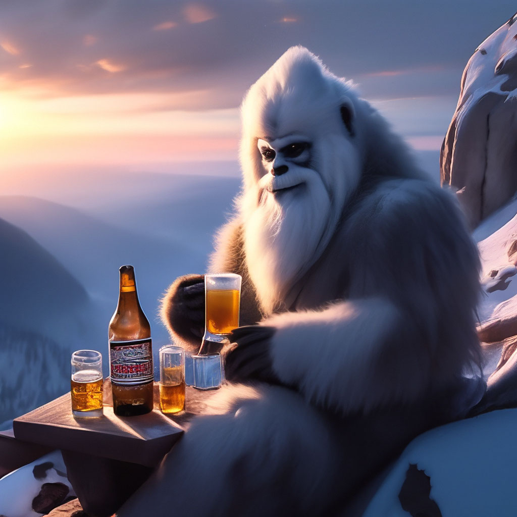 "Yeti smokes a cigarette and drinks beer at dawn in Crimea" - ima...