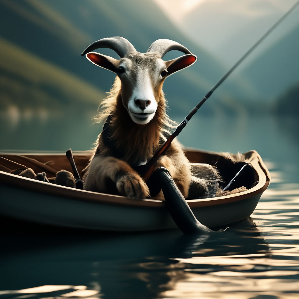 A goat is fishing while sitting in a …
