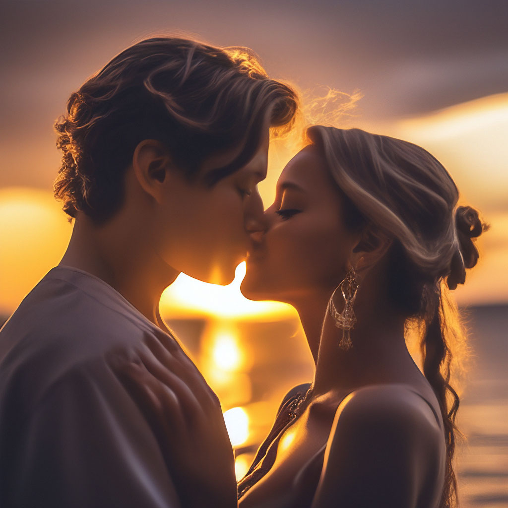 Выстрел молодой элегантной пары к страстно целуются на закате