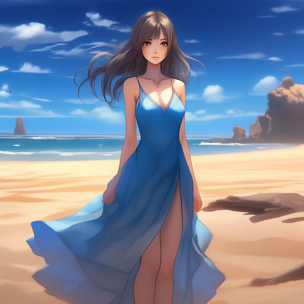 Anime girl in a light dress stands on a sandy beach with blue eyes looking  straight into the soul"  image created in Shedevrum