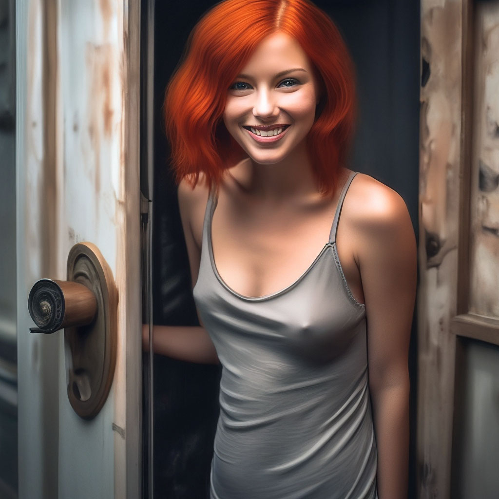 Рыженькая девушка стоит у двери …» — создано в Шедевруме