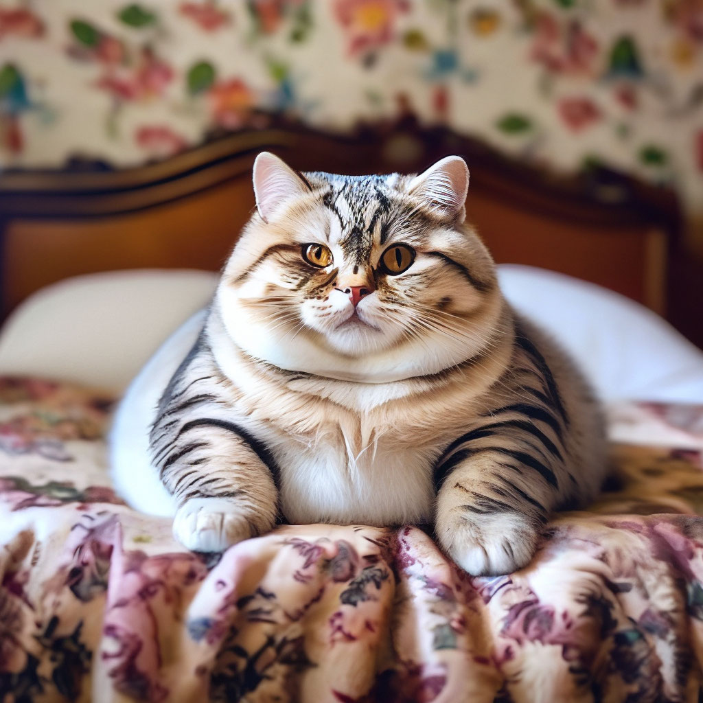 Очень толстый котёночек на кровати…» — создано в Шедевруме