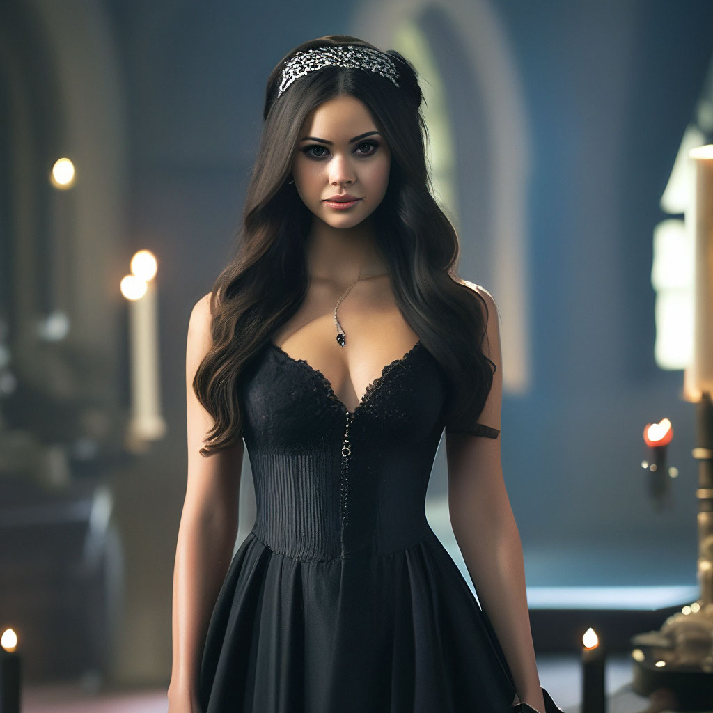 Elena from the Vampire Diaries series in a beautiful black dress"  image  created in Shedevrum