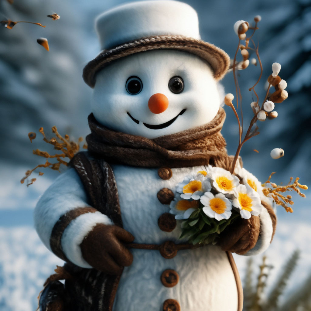 Весёлый снеговик с цветами, …» — создано в Шедевруме