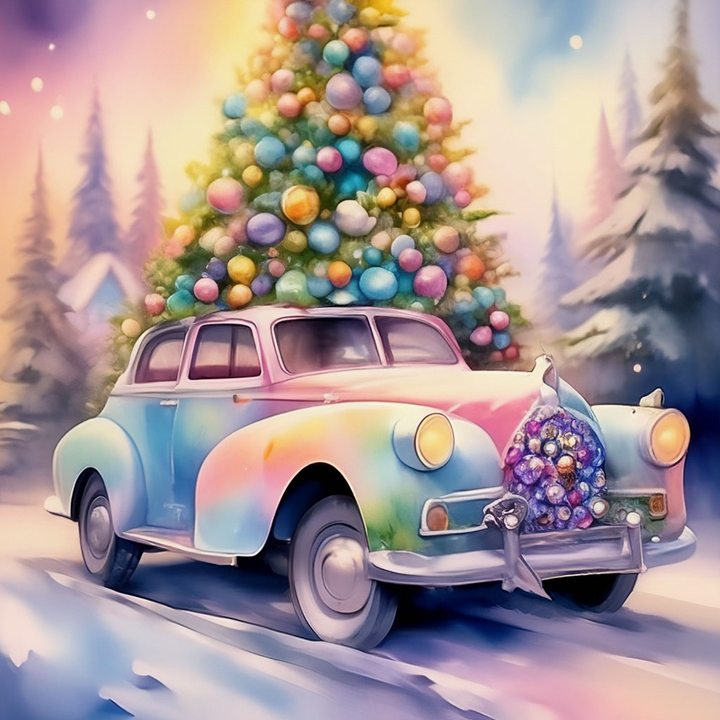 A Beetle in winter wonderland. This classic miniature Volkswagen with a tree fix