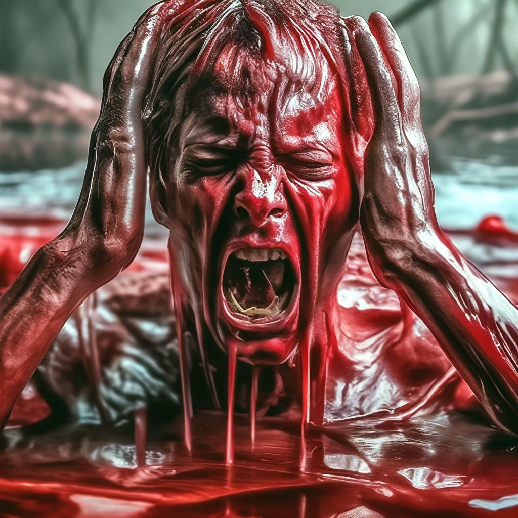 Плачущий человек в воде из красной…» — создано в Шедевруме
