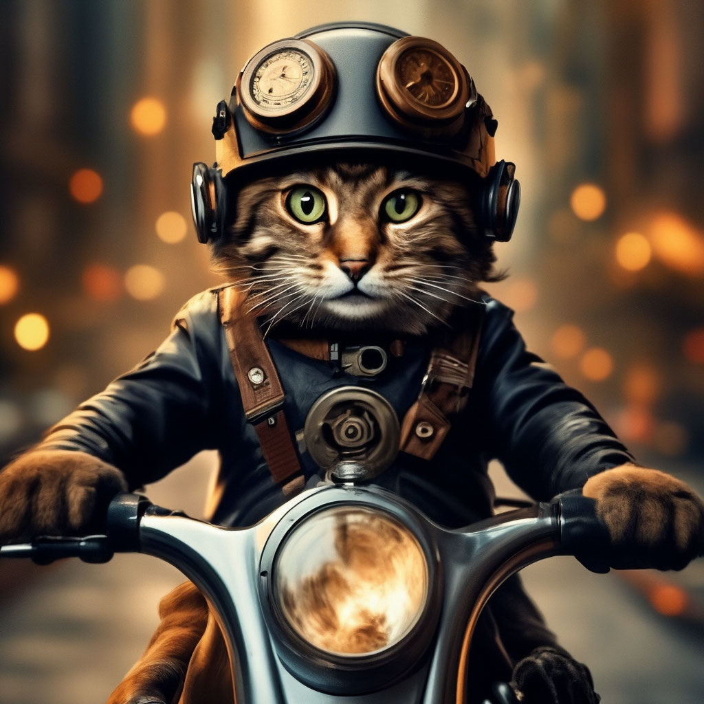 Кот в шлеме на мотоцикле