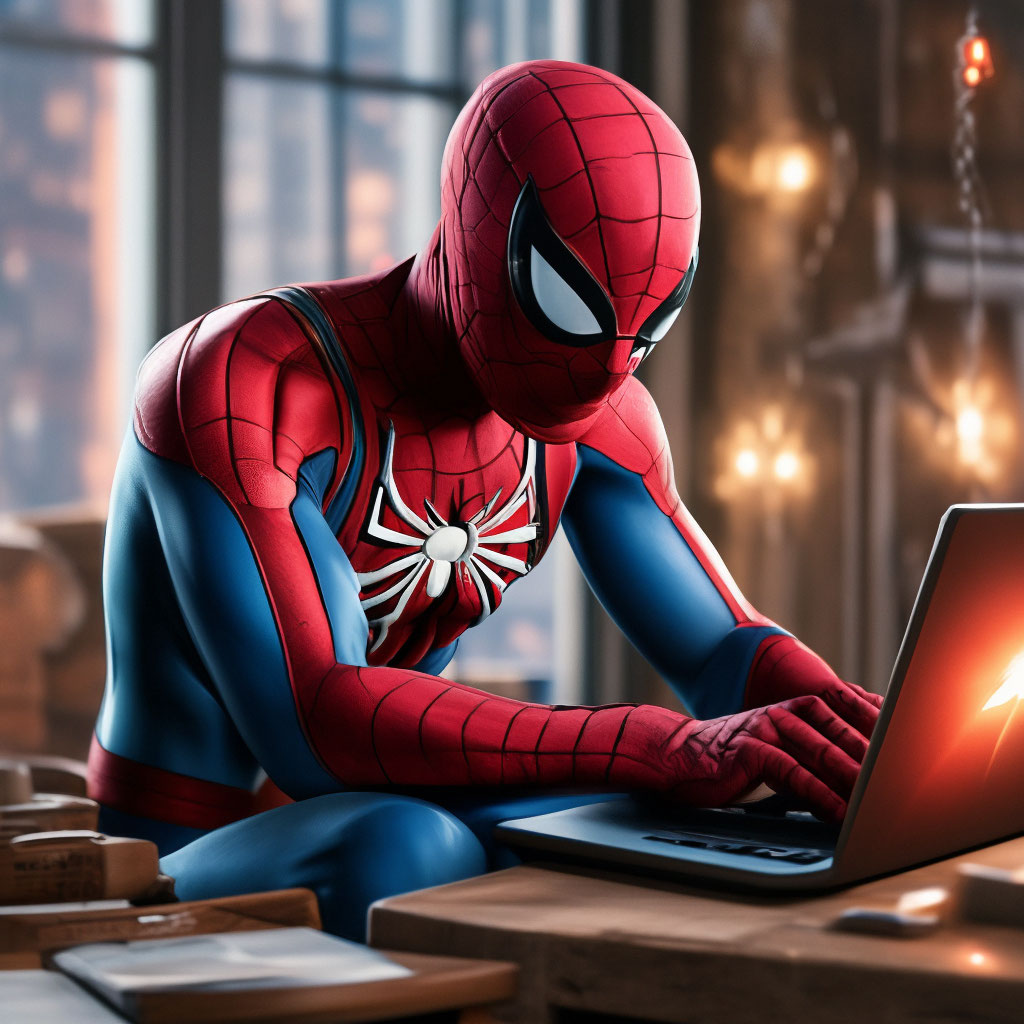 Spider-Man coding on laptop