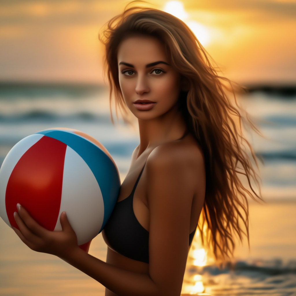 Красивая девушка море пляж мяч …» — создано в Шедевруме