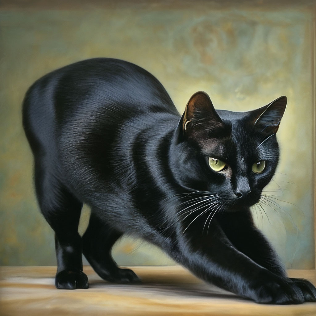 Грациозный чёрный кот потягивается, …» — создано в Шедевруме