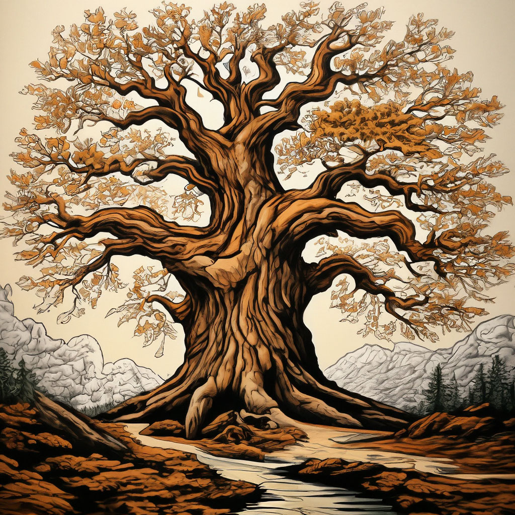 Линейный рисунок дерево дуб» — создано в Шедевруме