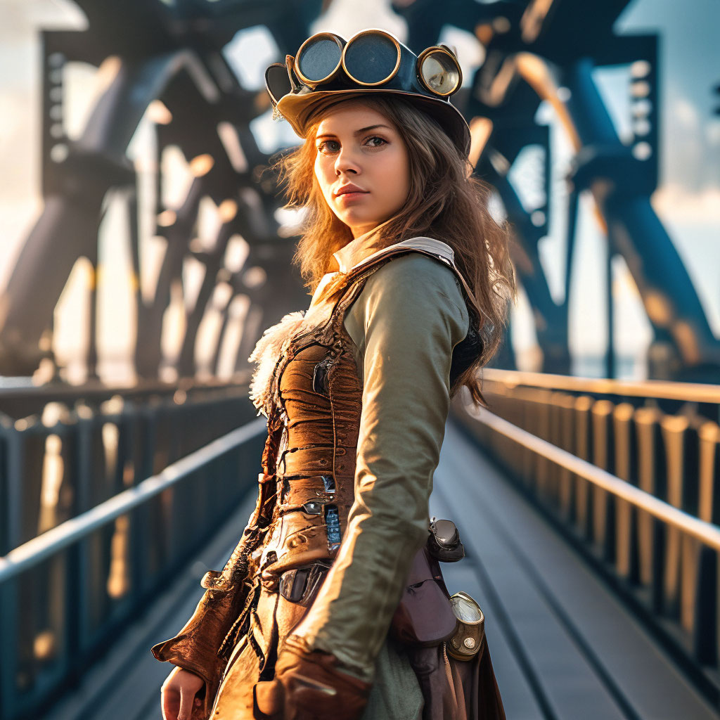 Девушка на мосту в стиле steampunk…» — создано в Шедевруме