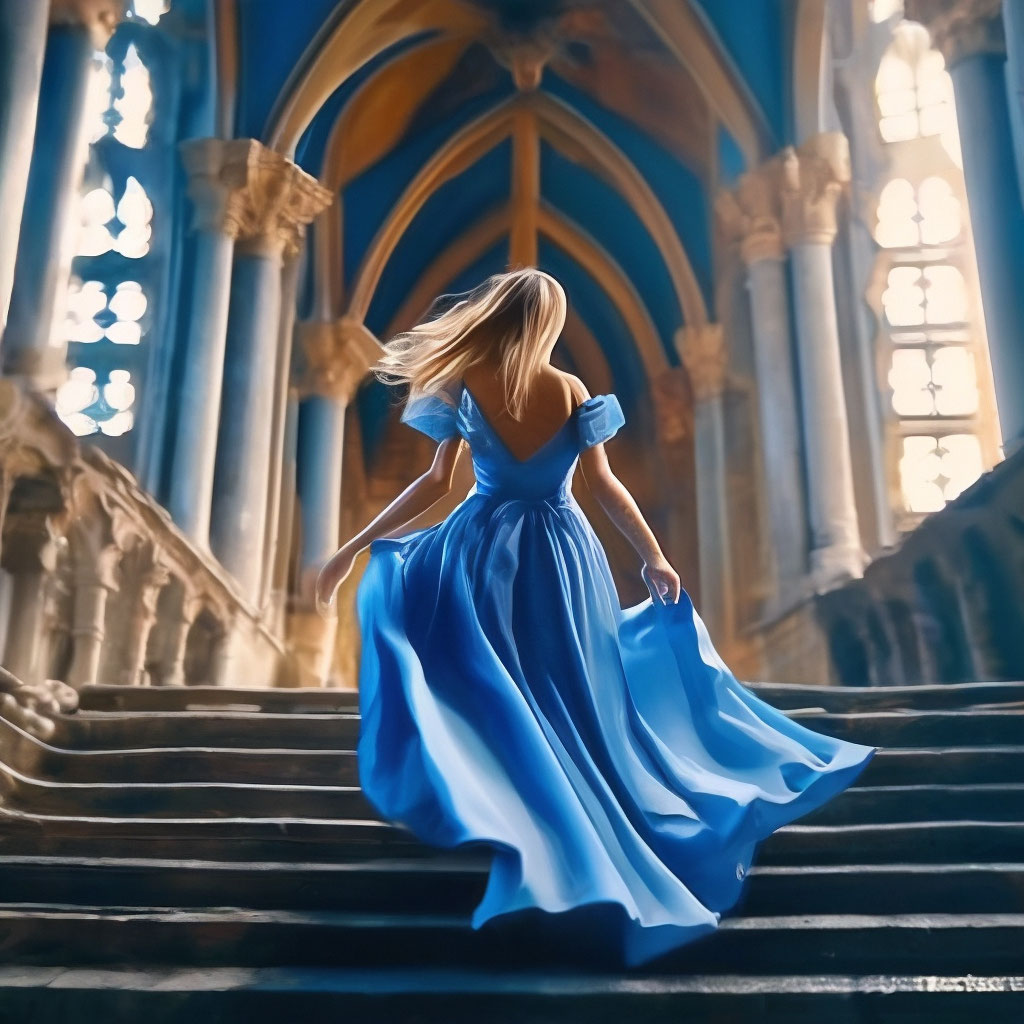 princess polly baby blue dress A girl in a flying, blue dress, running down the steps inside an ancient …
