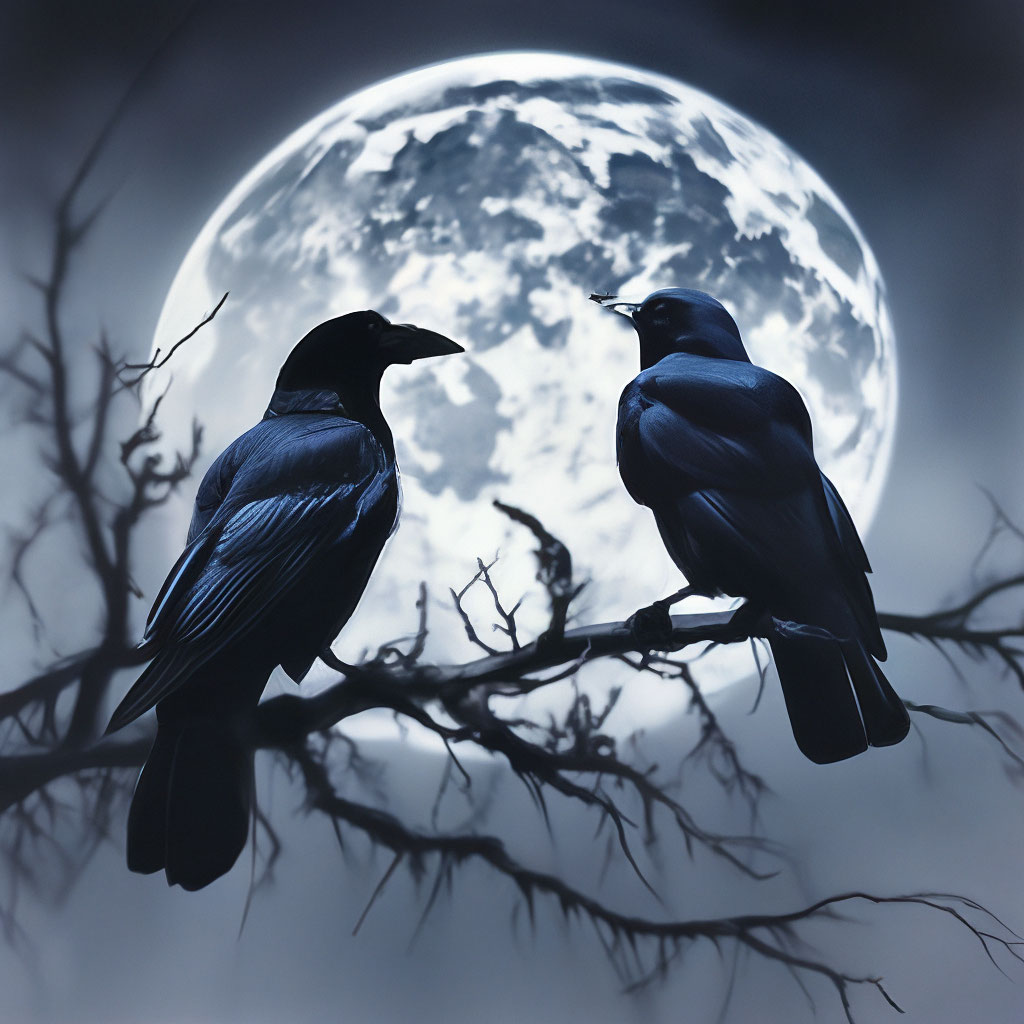 Два ворона, чёрные силуэты, сидят …» — создано в Шедевруме