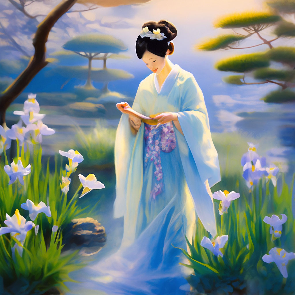 Японский сад в легкой голубой дымке…» — создано в Шедевруме