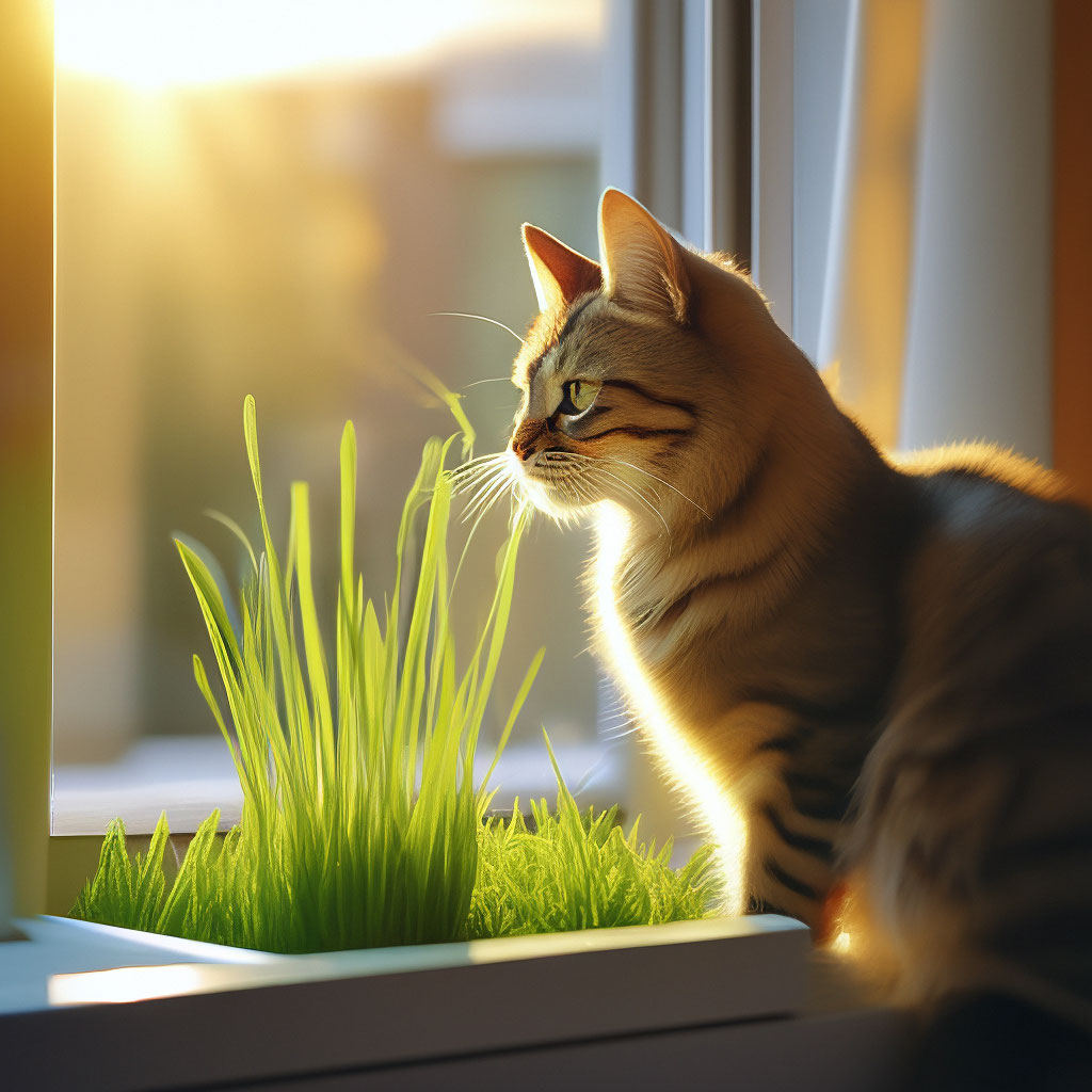 Кошка на окне кушает траву🌿🌿🐱🐱, …» — создано в Шедевруме