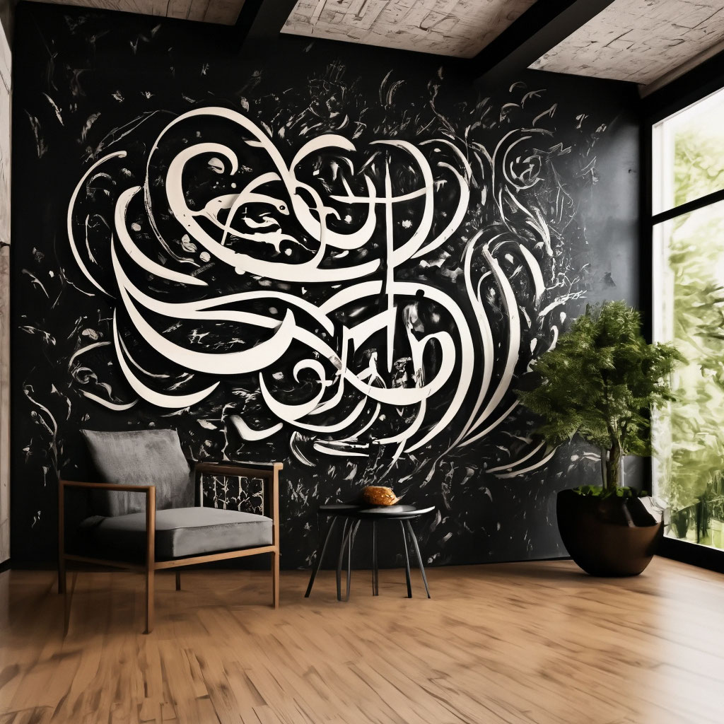 Каллиграфия на стене в интерьере "Calligraphy on a black wall" - image created in Shedevrum