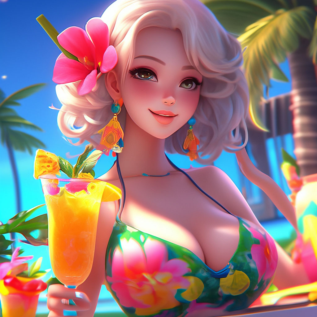 Tropical cocktail, girl, bust, plump…