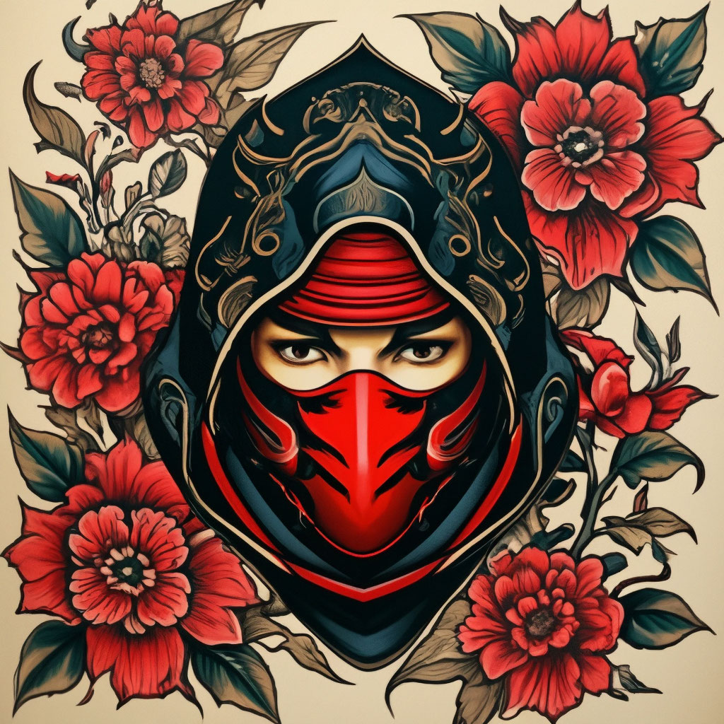 Ninja, japanese ornament, fully framed, vector, tattoo art