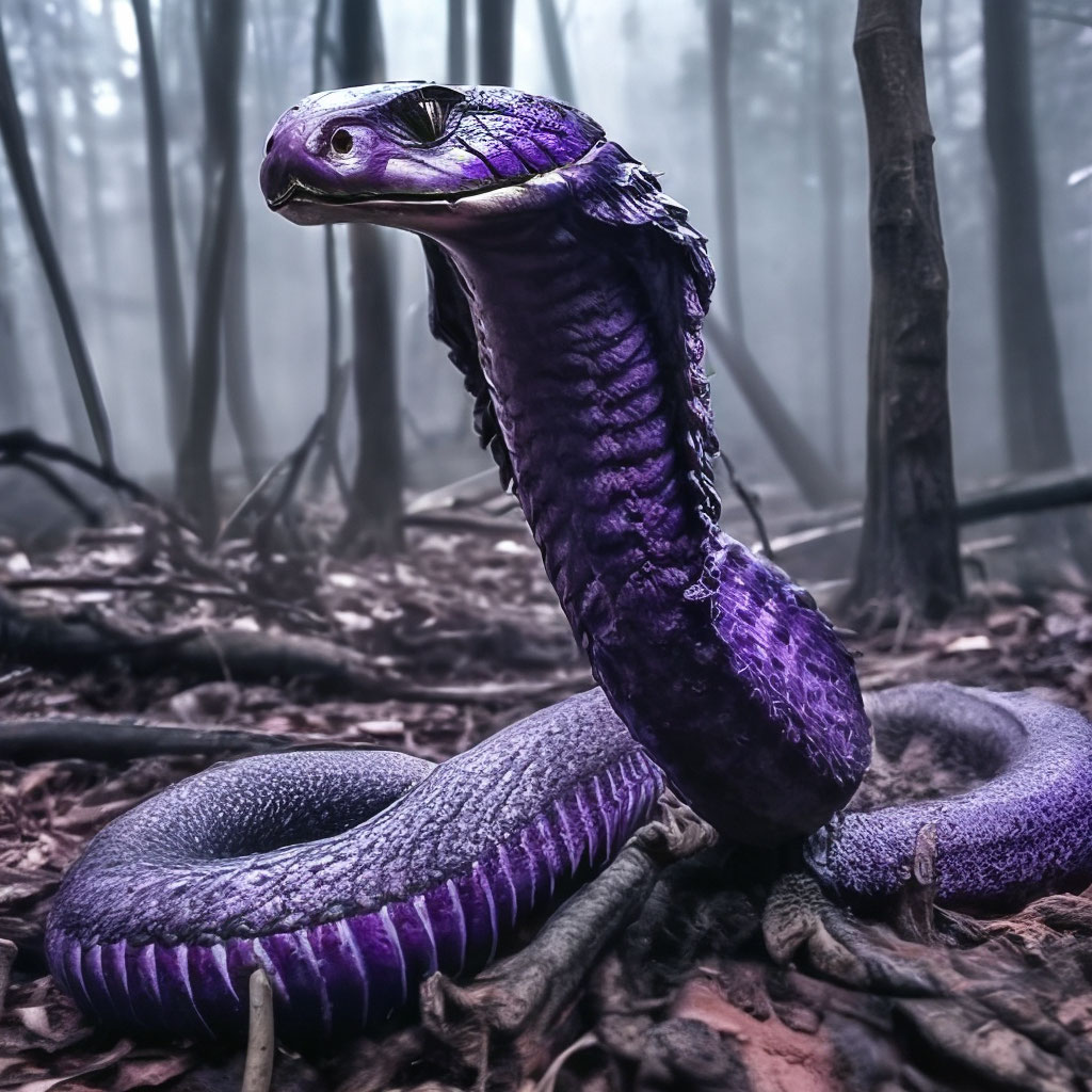 beautiful king cobra/ hooded /black and purple/flashing/in an aggressive mood / on the backplane of an abandoned forest