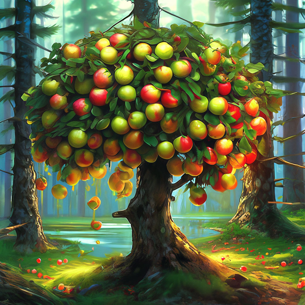 «Одинокая яблоня стоит в лесу с …» — создано в Шедевруме
