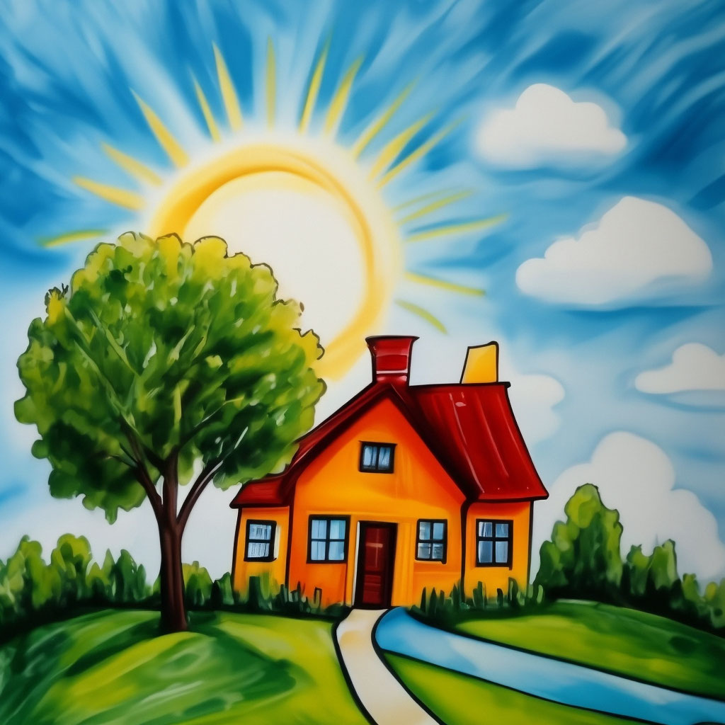 Tree Drawing Sun House How To Draw And Color House Tree Sun And Clouds