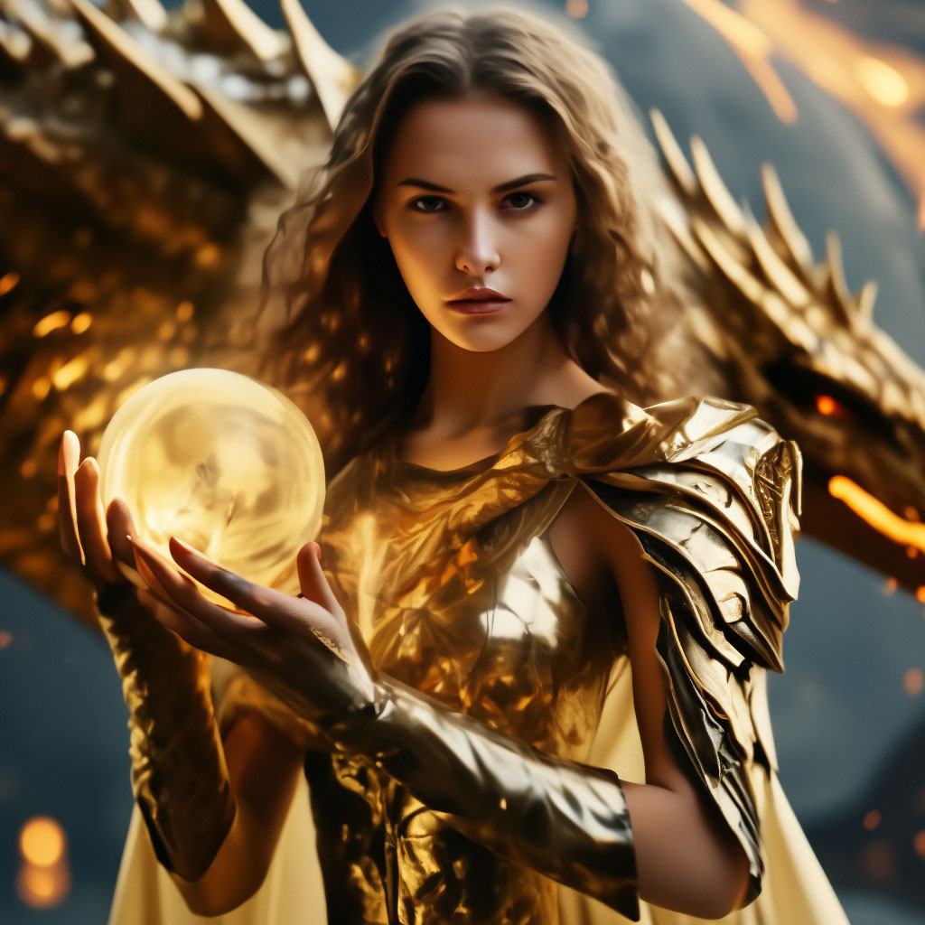 A warrior girl in a golden dress