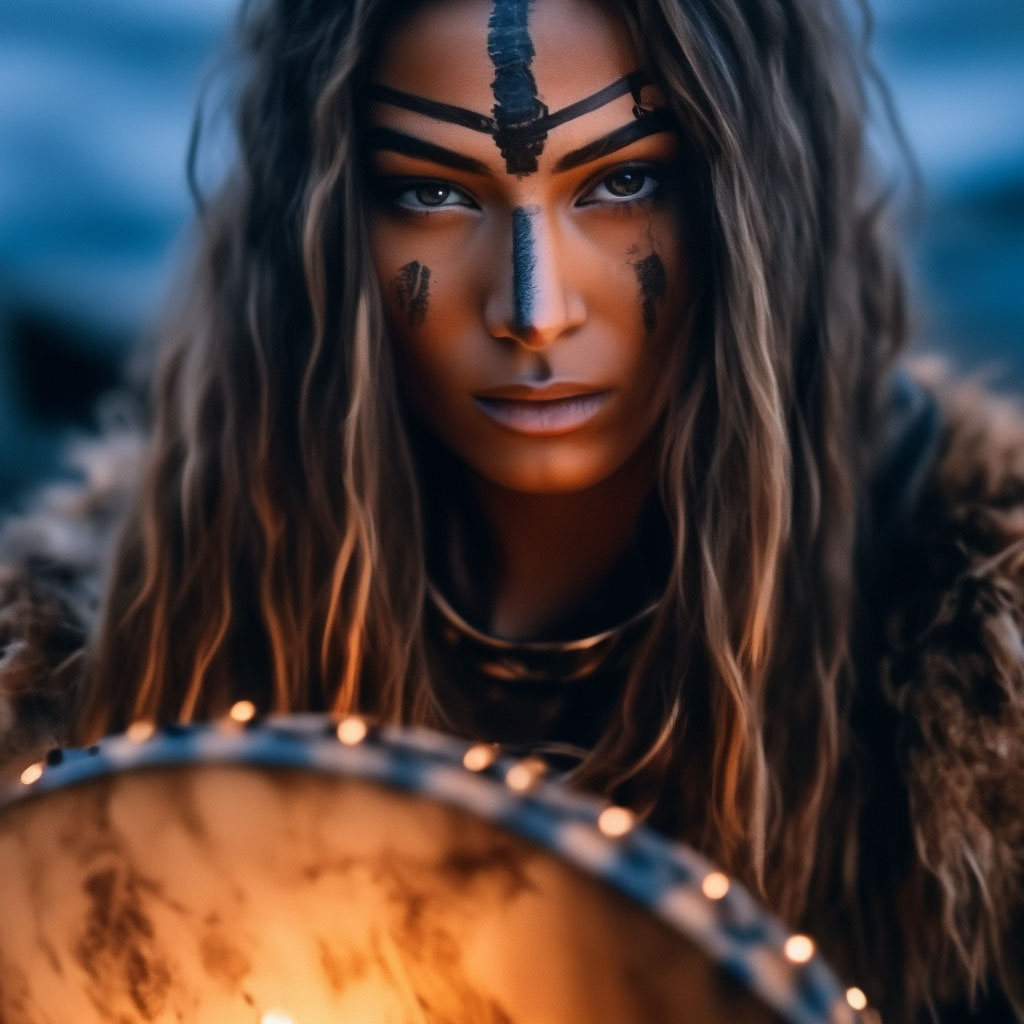 Futuristic indian woman portrait outdoors background blue wild forest Female por