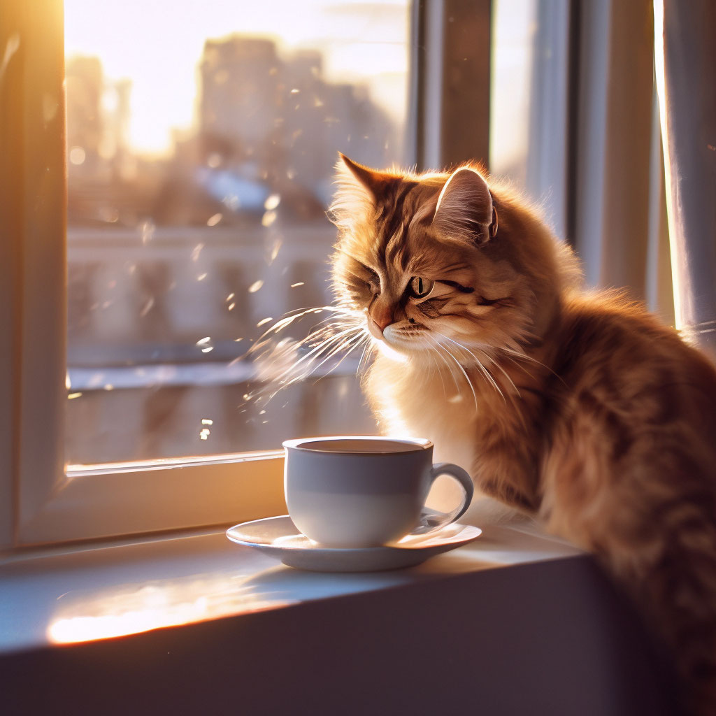 «Котик пьёт кофе на окне» — создано в Шедевруме