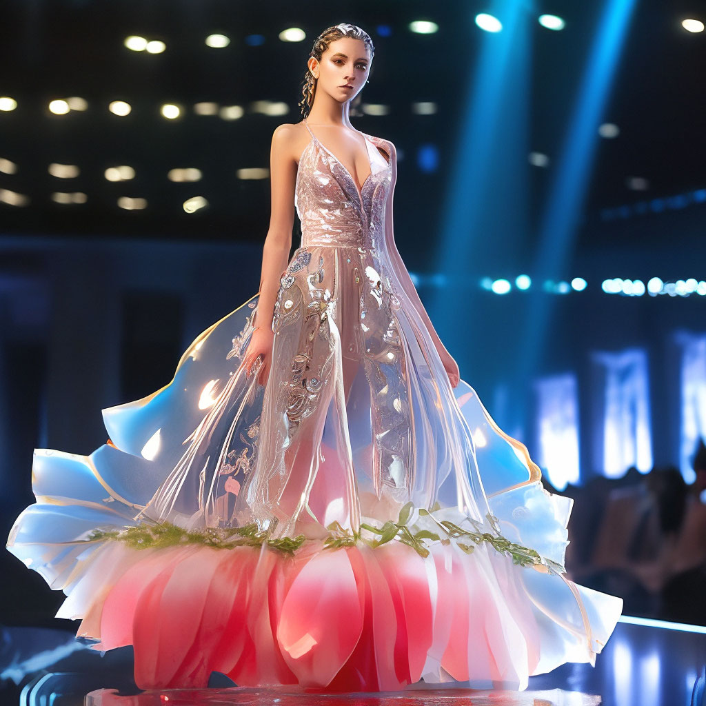 Fashion show, Transparent dress made of a fabulous big flower,on a  girl,watermelon tourmaline petals ,torn edges "  image created in  Shedevrum