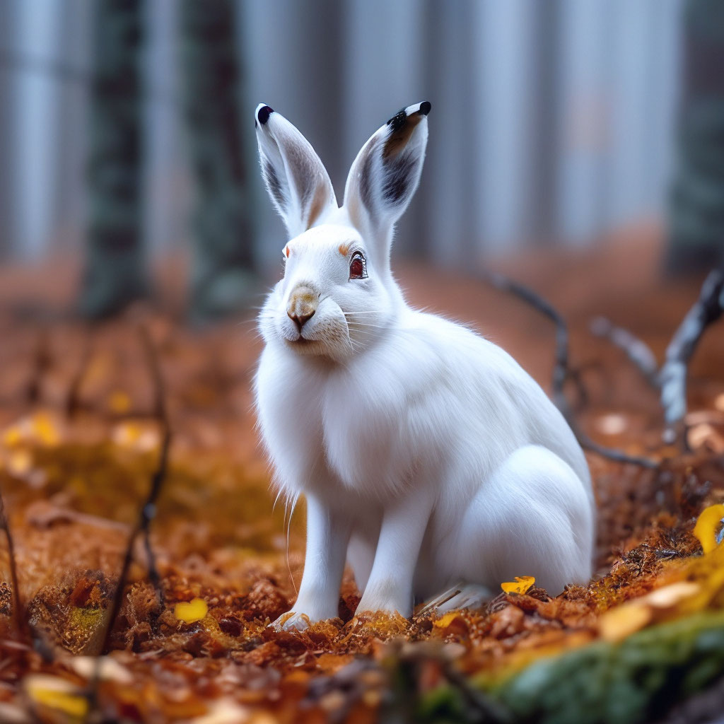 Белый заяц сидит в осеннем лесу, …» — создано в Шедевруме
