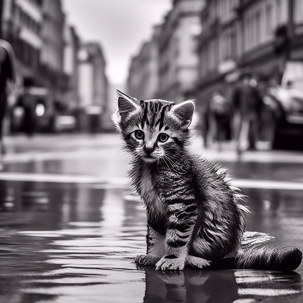 Мокрый котенок на фоне улиц города…» — создано в Шедевруме