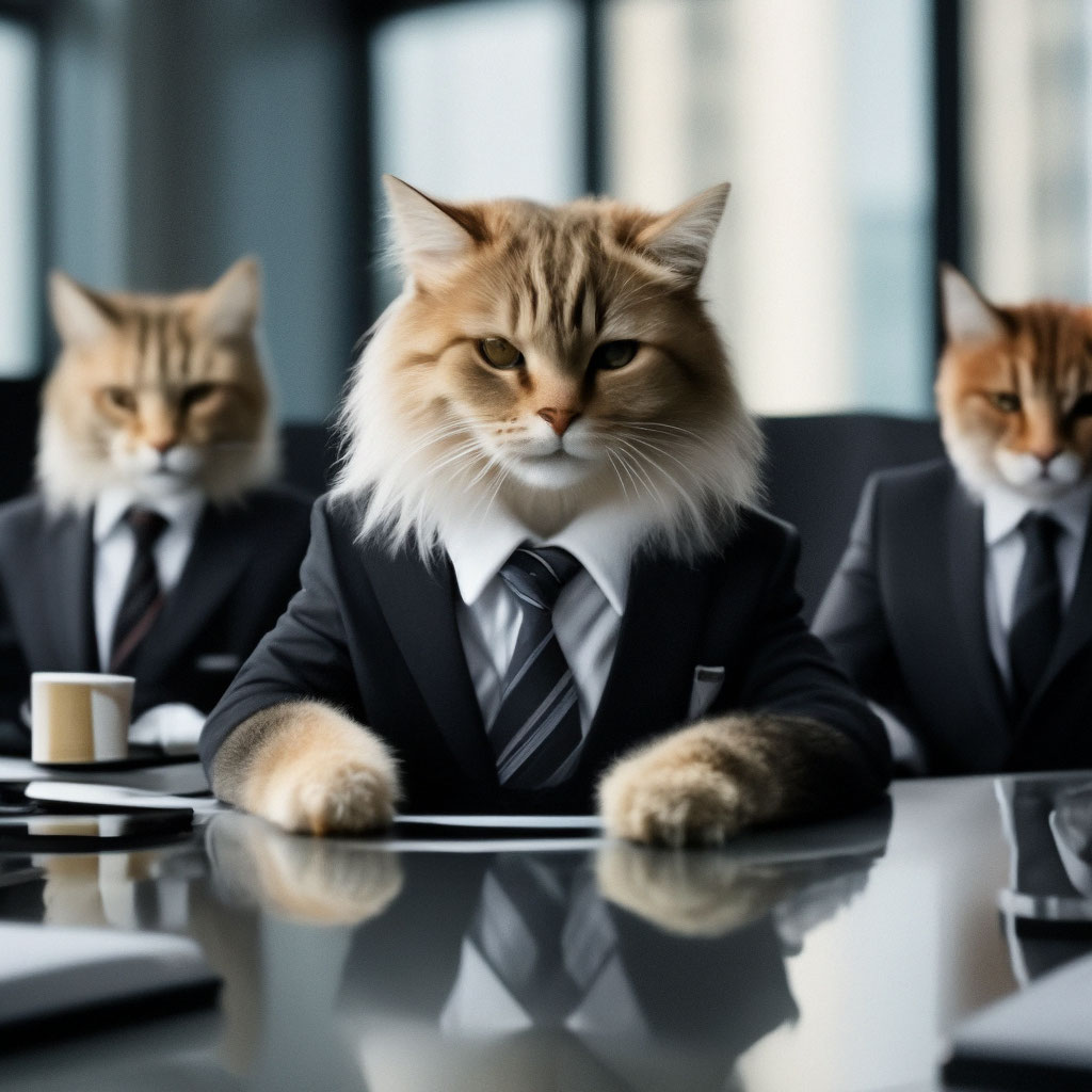 A cat in a business suit holds a image created in Shedevrum