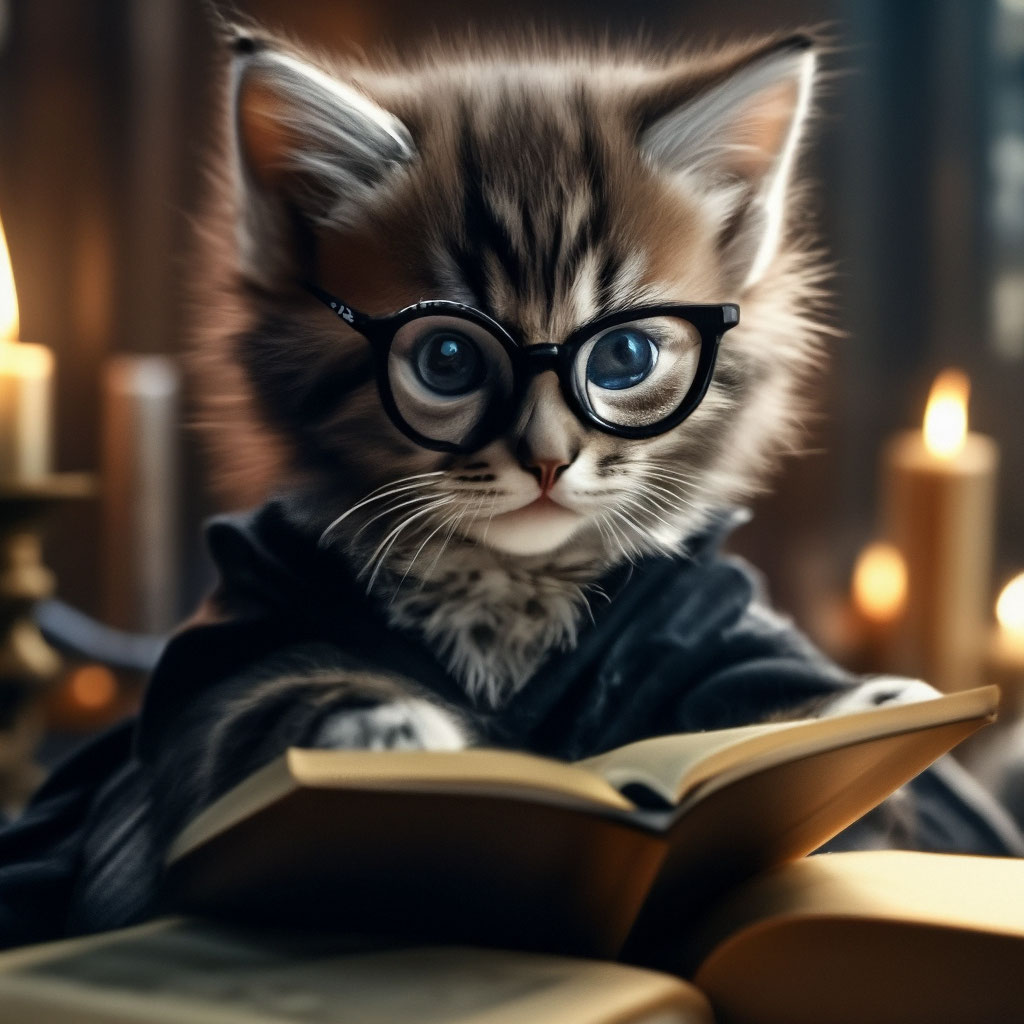 Умный котенок в очках читает книгу» — создано в Шедевруме