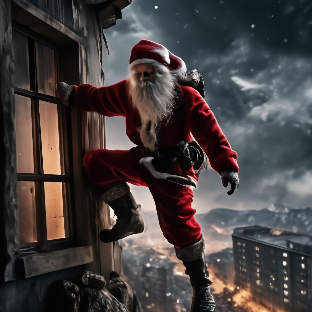 Санта Клаус с мешком подарков лезет в окно по веревочной лестнице