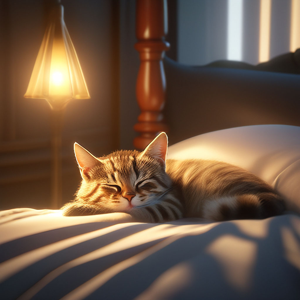 Спящий кот в постеле, светильник …» — создано в Шедевруме