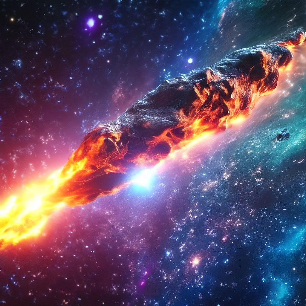 Горящая комета летящая по космосу на фоне красивой ...