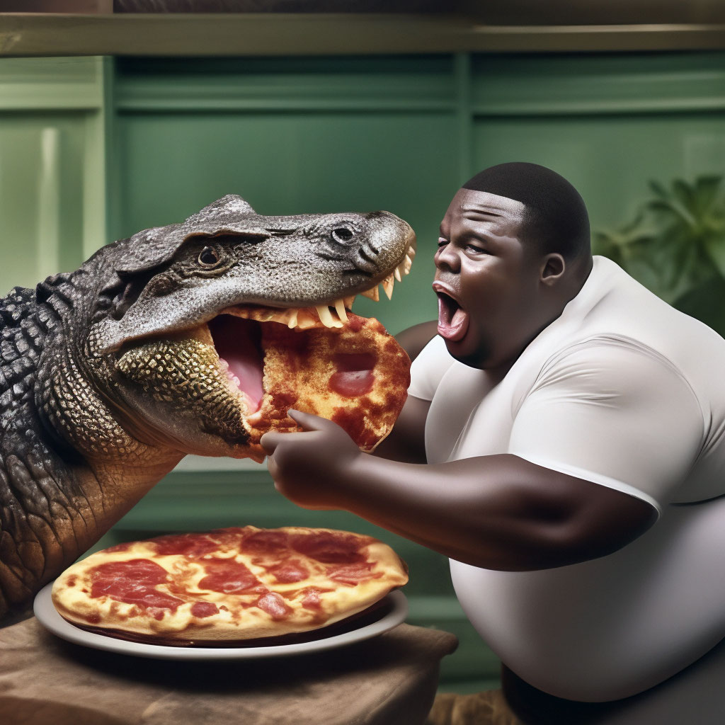 Man Eating Pizza With Alligator