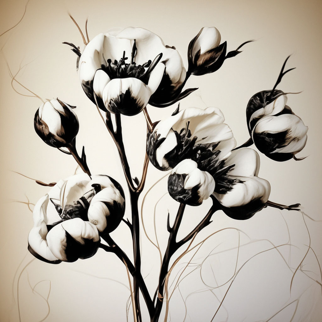 Черные цветы хлопок, белый фон, …» — создано в Шедевруме