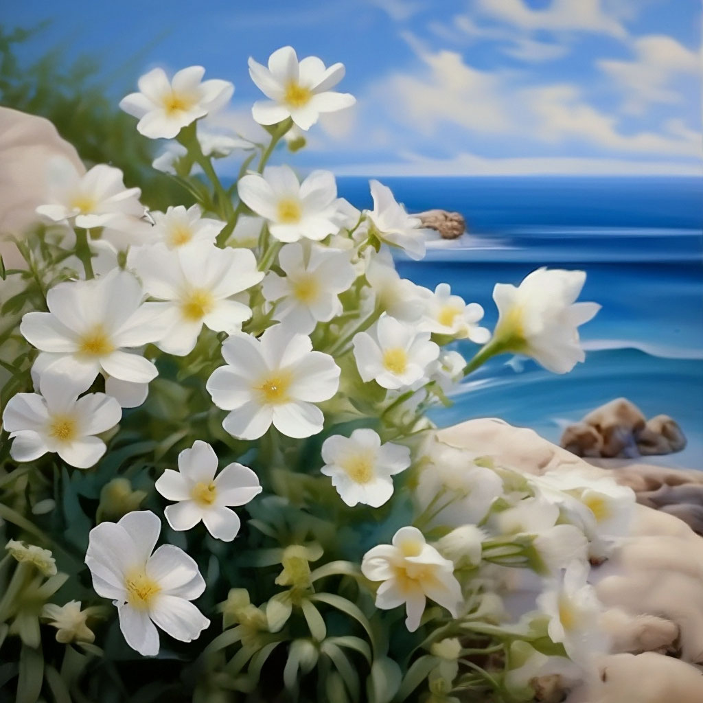 Белые цветы на фоне моря …» — создано в Шедевруме