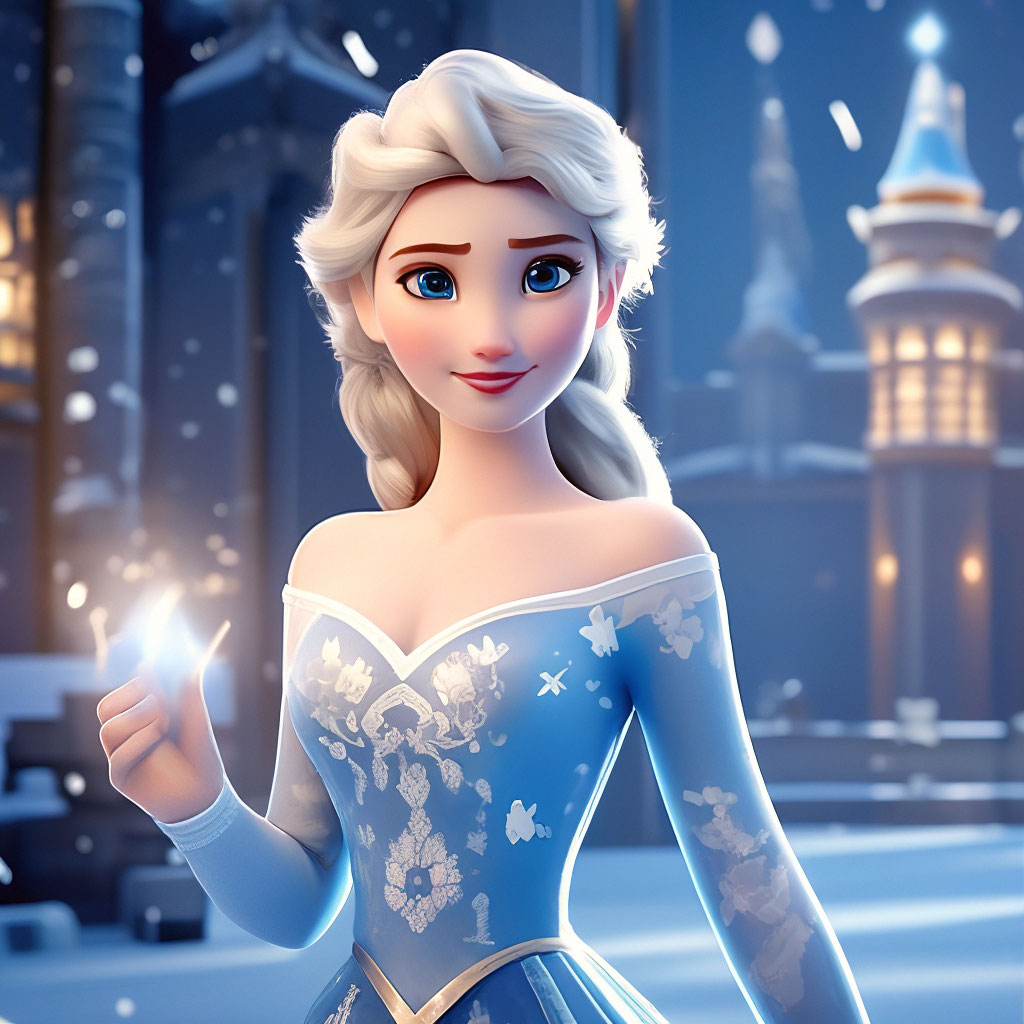 Elsa, beautiful hair styling, Disney princess, blue and white dress with  snowflakes with long sleeves , very "  image created in Shedevrum