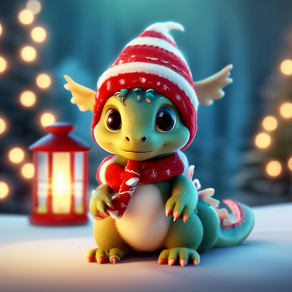 "Cute baby dragon in a hat and scarf on the background of a Christmas ...