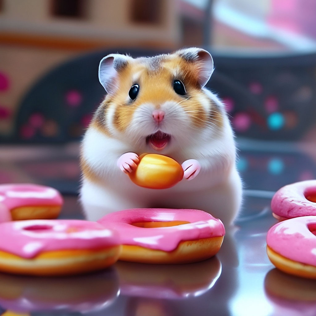 Ultra cute hamster eats donuts image created in Shedevrum