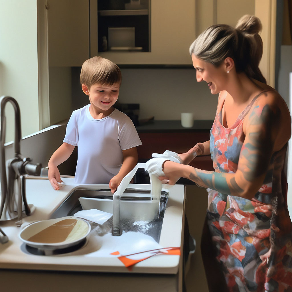 "Mom washes lessons while son does the dishes" - image created in...