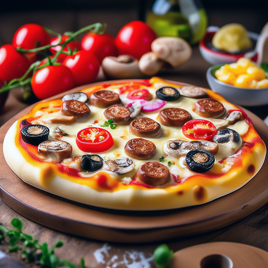 Пицца с помидорами, колбасой и шампиньонами