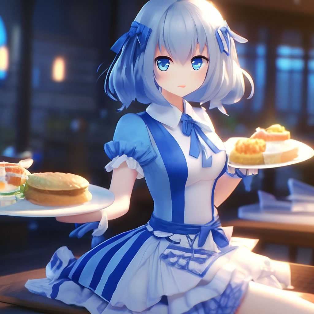 anime girl, waitress, cute pose, 2 blue fluffy tails, blue eyes, blue  striped dress with white details, black "  image created in Shedevrum